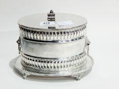 Silver plated biscuit box, oval with gadrooned borders, lion mask and ring handles,