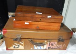 Two empty canteen of cutlery boxes and leather suitcase