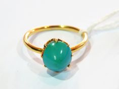 Gold-coloured metal and turquoise ring set pointed oval turquoise stone,
