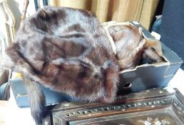Mink stole and other fur tippets and scarves and crocheted bedspread