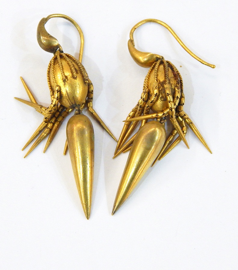 Pair gold-coloured metal pendant drop earrings with fringe tassels and gold-coloured metal and blue