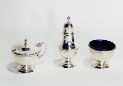 20th century silver condiment set of pedestal form with gadrooned borders, comprising pepperette,