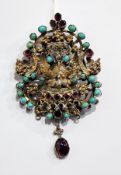 Gold-coloured metal brooch set with garnet, turquoise and pearl stone,