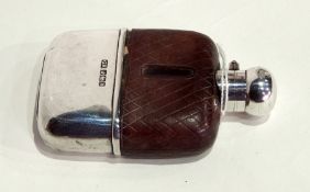 Edward VII hip flask with leather half-cover and silver cup and silver knob stopper bayonet fitting,