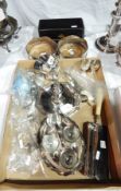 Pair silver plated wine bottle coasters, chamberstick, egg cruet, condiment set, cased,
