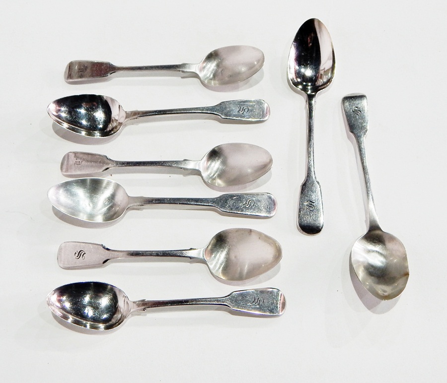 Eight 19th century silver fiddle pattern teaspoons, various dates, 5oz approx.