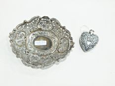 Foreign silver bonbon dish with pierced open fretwork decoration together with heart-shaped scent