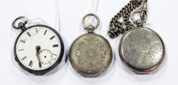 Hatton Geneva hunter pocket watch, key winding, scroll engraved on silver curb link albert chain,