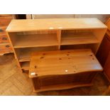 A modern pine blanket box with panel front, width 85cm, together with a six shelf open bookcase,