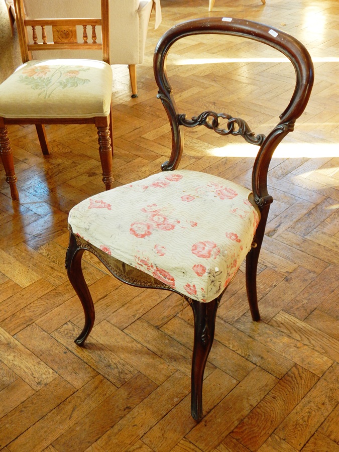 Pair of Victorian balloon back chairs and another with bobbin turned supports (3)