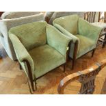 Pair of Edwardian style armchairs with mahogany frames on square tapering legs with green cord