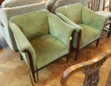 Pair of Edwardian style armchairs with mahogany frames on square tapering legs with green cord