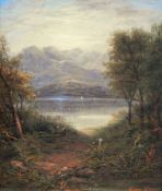 Edwin Buttery 
Oil on canvas
Autumnal lakeside scene with figures in foreground, signed,