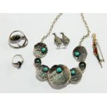 Modern silver-coloured metal and turquoise necklace, Scottish hardstone set dagger brooch,