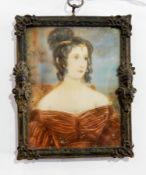 Unattributed
Miniature on ivory
Half-length portrait of 19th century lady wearing jewels in her