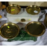 A green metal set of weighing scales and white marble set of weighing scales (2)