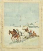 19th century Russian school
Watercolour drawing
Troika in the snow, drawn by three horses, buildings