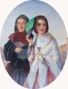 19th century school
Watercolour drawing
Oval portrait of elderly and younger woman holding fan in