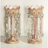 Pair Victorian pink and white opalene glass lustres, each with pointed arched scalloped bowl,