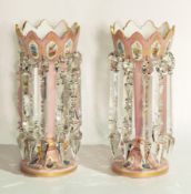 Pair Victorian pink and white opalene glass lustres, each with pointed arched scalloped bowl,