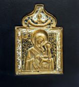 Russian brass and enamel champleve icon, the holy mother and child beneath ogee arch, in black