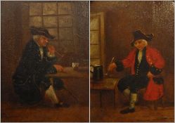 19th century school
Pair oils on panel 
Each featuring a man seated in tavern interior,