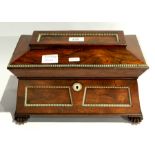 Regency ivory inlaid rosewood tea caddy with porcelain caddies and mixing bowl,