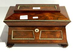 Regency ivory inlaid rosewood tea caddy with porcelain caddies and mixing bowl,