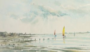 B Green (contemporary) 
Watercolour 
"Across to Bosham", estuary scene with sailing dinghies,