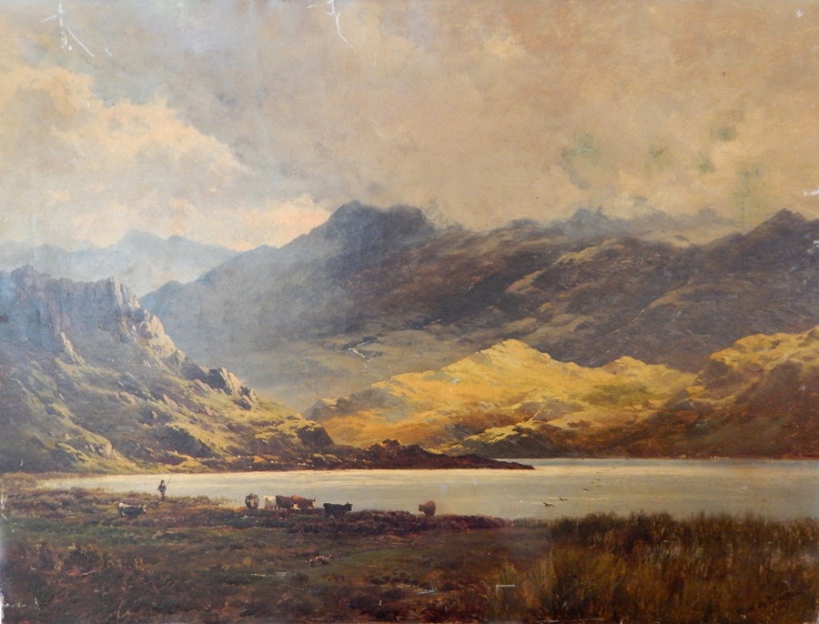Alfred de Breanski 
Oil on canvas 
Highland loch scene with cattle and drover, signed and dated