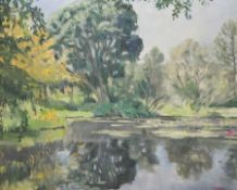 Vladimir Sosonovski (1922-1990)
Oil on canvas
Wooded landscape with lake in foreground, floating