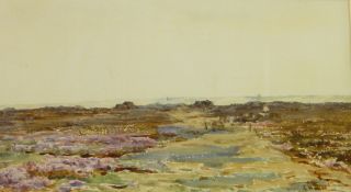 Claude Hayes (1852-1922) British
Watercolour
Moorland landscape with shepherd and sheep, signed,