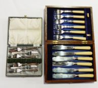 Set of 6 silver plate cake forks, cased, together with set of 6 fish knives and forks, cased,