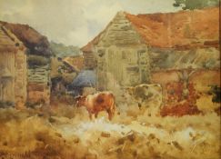 Reginald Jones (20th century)
Watercolour
Cattle beside farm buildings, 21 x 29cm,