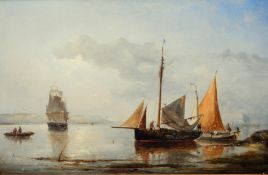 Nicholas Riegen (1827-1889) 
Oil on panel
Coastal scene with sailing boats and fishermen offshore,