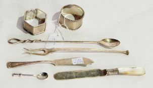 Two 20th century silver napkin rings, plate pickle fork butter knife, etc.