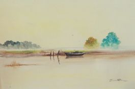 Susan Stone
Oil on canvas
Moored rowing boat at waters edge, signed,