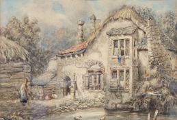 19th century watercolour showing a village house by a pond,
