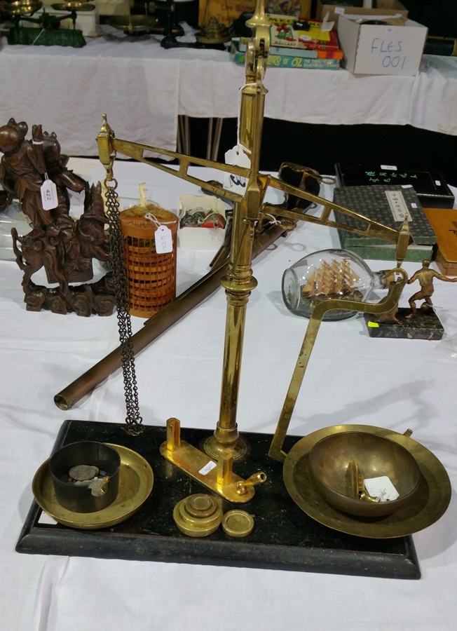 Set of balance scales with weights and others