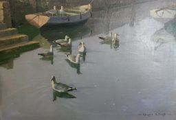 Vernon Ward (1905-1985)
Oil on canvas
Gulls swimming in harbour, signed, 45cm x 59cm 
 Live Bidding: