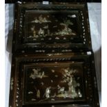 A pair of Oriental hardwood plaques with mother-of-pearl decoration,