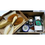 Ivory shoe horn and brush set, small box of commemorative crowns, miscellaneous china, lighter, etc.