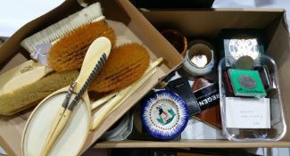 Ivory shoe horn and brush set, small box of commemorative crowns, miscellaneous china, lighter, etc.