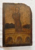Russian double-sided icon
Oil on panel 
Polychrome saint with staff upon bridge, possibly St