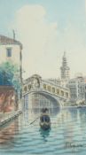 20th century Italian school 
Watercolour drawing 
Venetian scene with a view of the Rialto Bridge,
