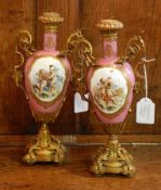Pair ormolu mounted Sevres style lamp bases, each shouldered and tapering,