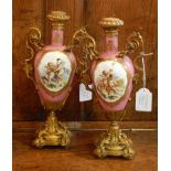 Pair ormolu mounted Sevres style lamp bases, each shouldered and tapering,