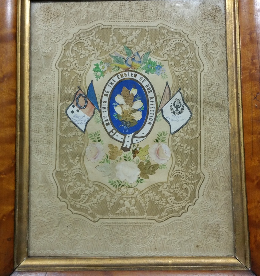 A Victorian paper painted valentine token in a maple frame