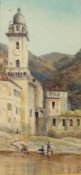 Watercolour
Study of a Spanish Church with figures by a river bank, signed EGK 1904,