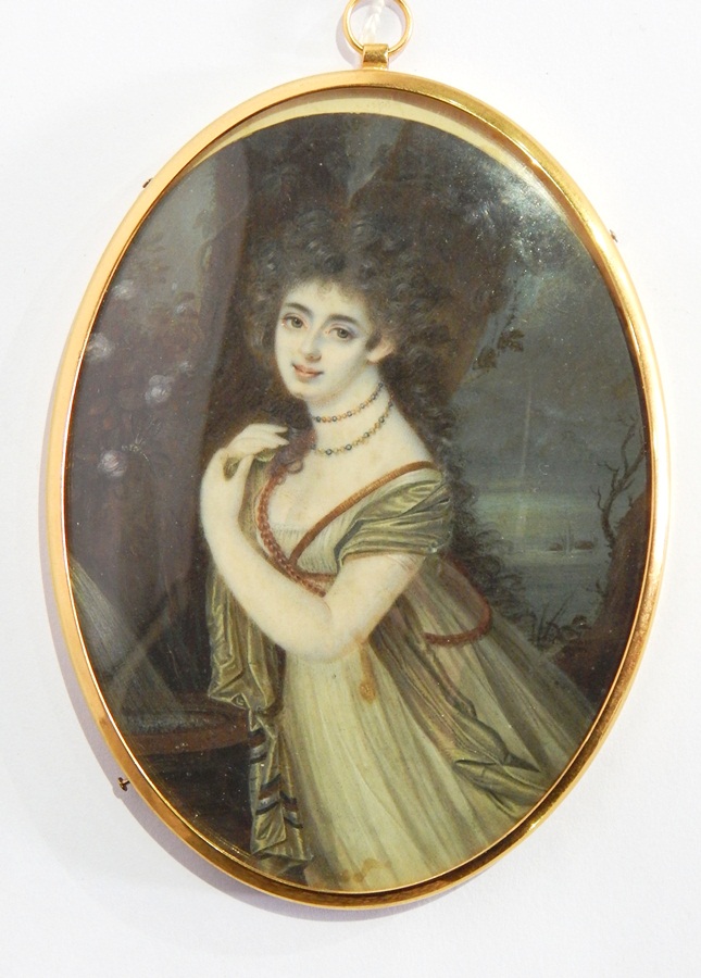 Unattributed
Miniature on ivory
Half-length portrait of Regency lady beside tree wearing necklace,
